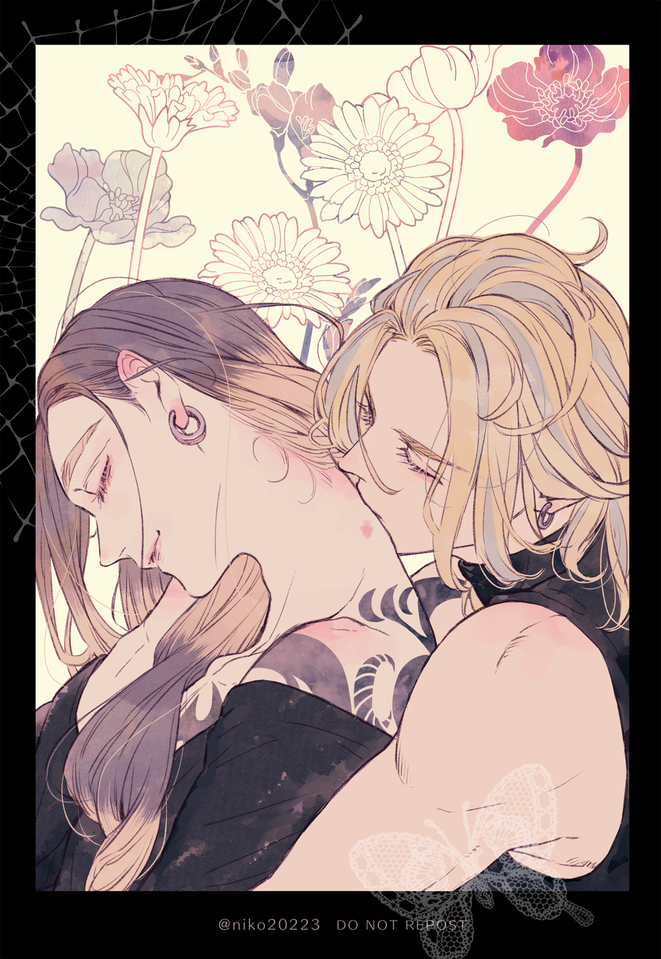 2boys, aqua_hair, bare_shoulders, black_sweater, blonde_hair, braid, brothers, brown_hair