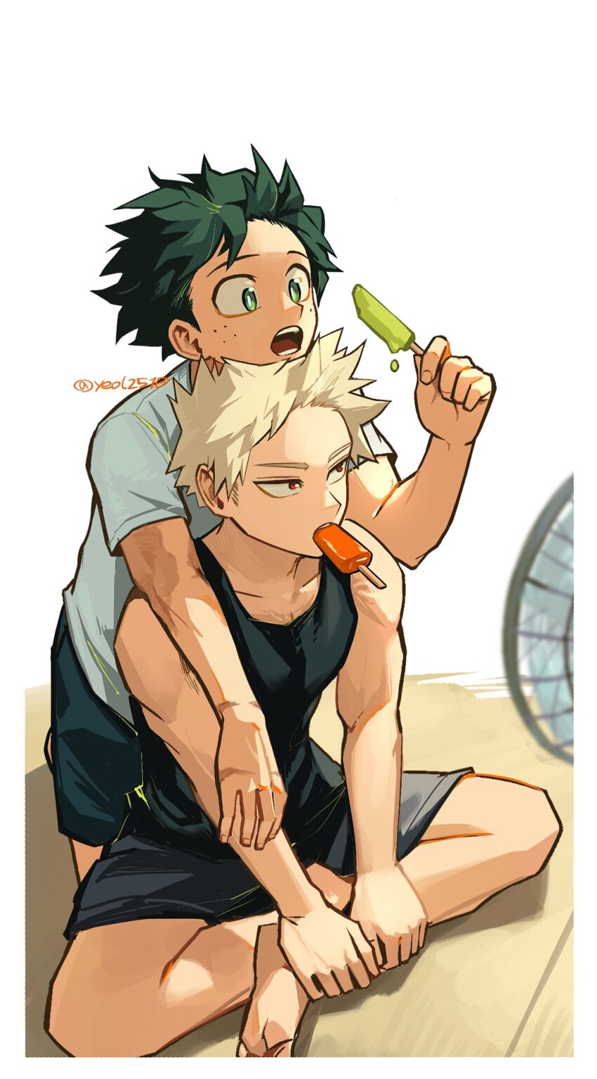2boys, bakudeku, bakugou_katsuki, black_shorts, black_tank_top, blonde_hair, boku_no_hero_academia, electric_fan