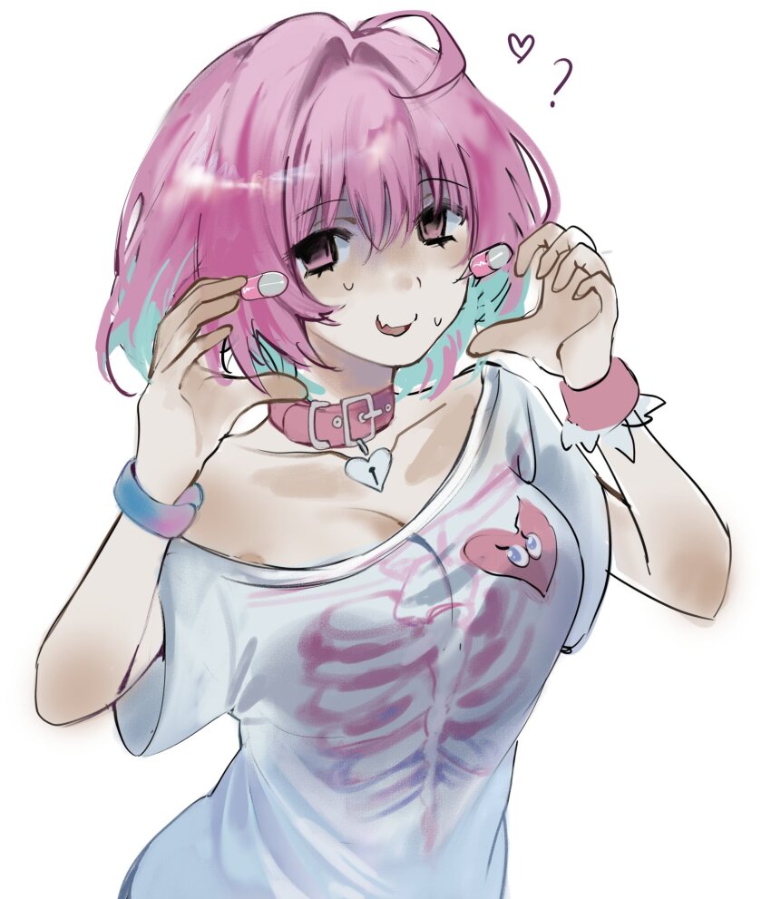 1girl, ahoge, blue_hair, breasts, cleavage, collar, commentary, earrings, fang, heart, heart_hands, heart_symbol_as_organ, highres, ian_(2uaiueo), idolmaster, idolmaster_cinderella_girls, jewelry, large_breasts, multicolored_hair, open_mouth, pill, pink_eyes, pink_hair, shirt, short_hair, solo, two-tone_hair, white_shirt, yumemi_riamu