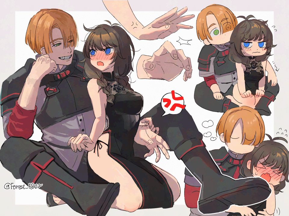 >_<, 1boy, 1girl, anger_vein, armor, bare_arms, black_dress, black_pants