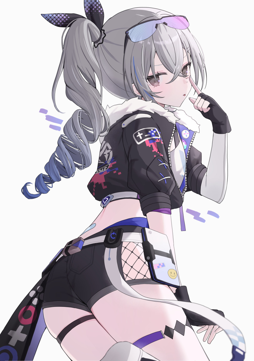 1girl, :p, absurdres, black_gloves, black_jacket, black_shorts, blue_hair, crop_top