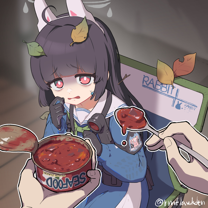 1girl, 1other, animal_ears, artist_name, backscratcher777, bad_food, black_gloves, black_hair