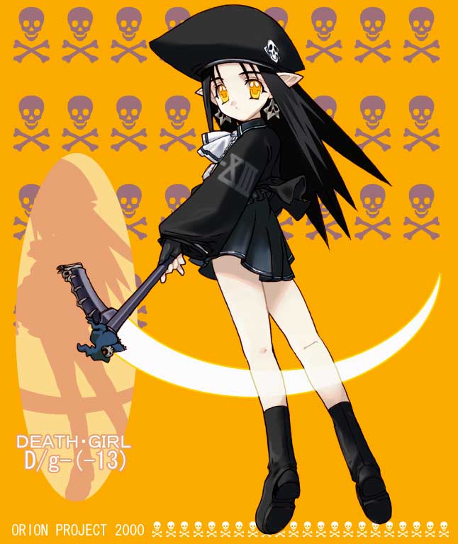 artist_name, ascot, black_boots, black_gloves, black_hair, black_hat, black_skirt, black_sleeves, boots, character_name, dated, death-ko, fingerless_gloves, from_behind, full_body, gloves, hair_ornament, hat, holding, holding_scythe, long_hair, looking_at_viewer, looking_back, miniskirt, official_art, orion_(orionproject), pale_skin, persiom, pleated_skirt, pointy_ears, puffy_sleeves, scythe, skirt, skull_and_crossbones, star_(symbol), star_hair_ornament, white_ascot, yellow_background, yellow_eyes