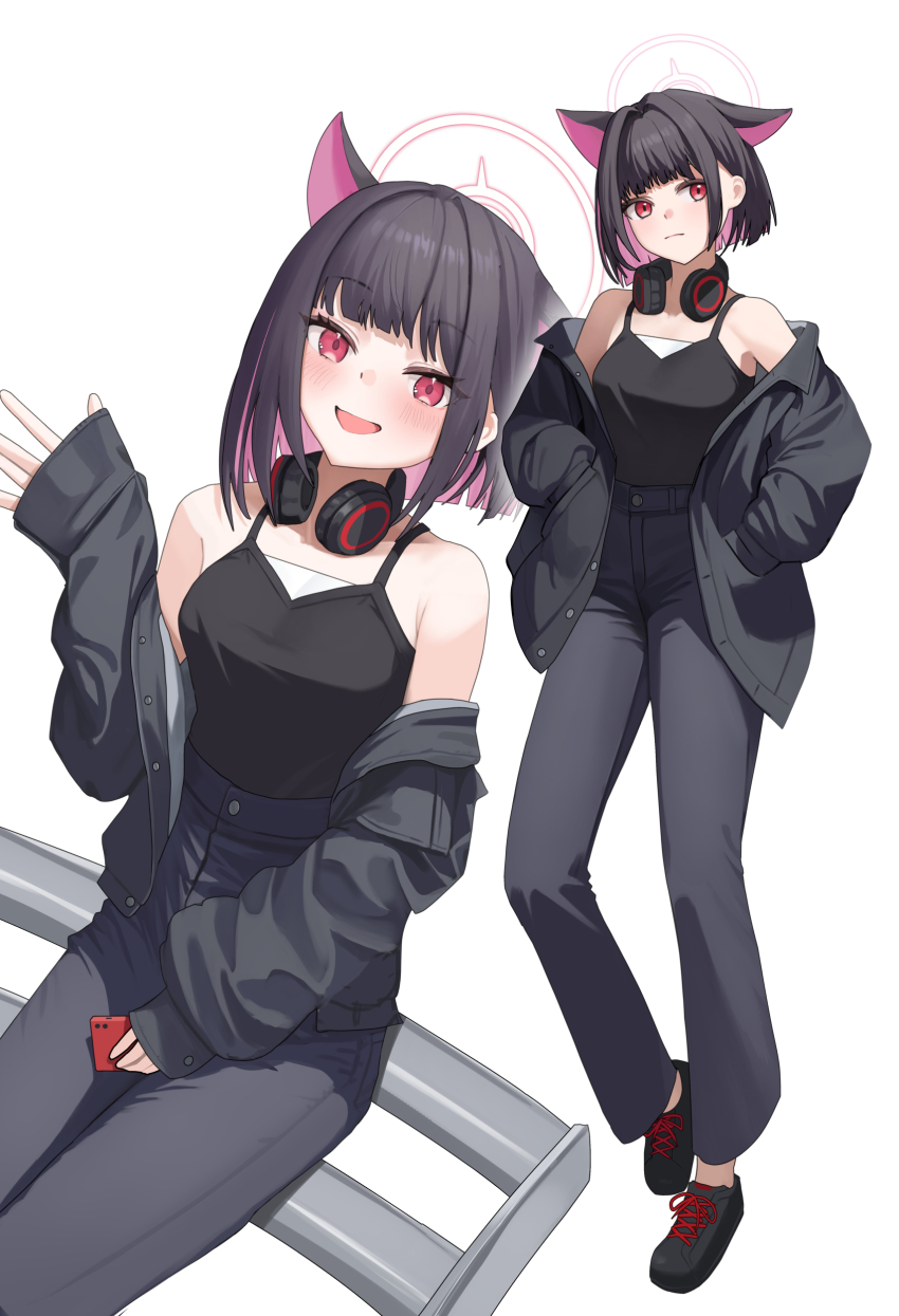 1girl, absurdres, alternate_costume, animal_ears, bare_shoulders, black_camisole, black_hair, black_jacket