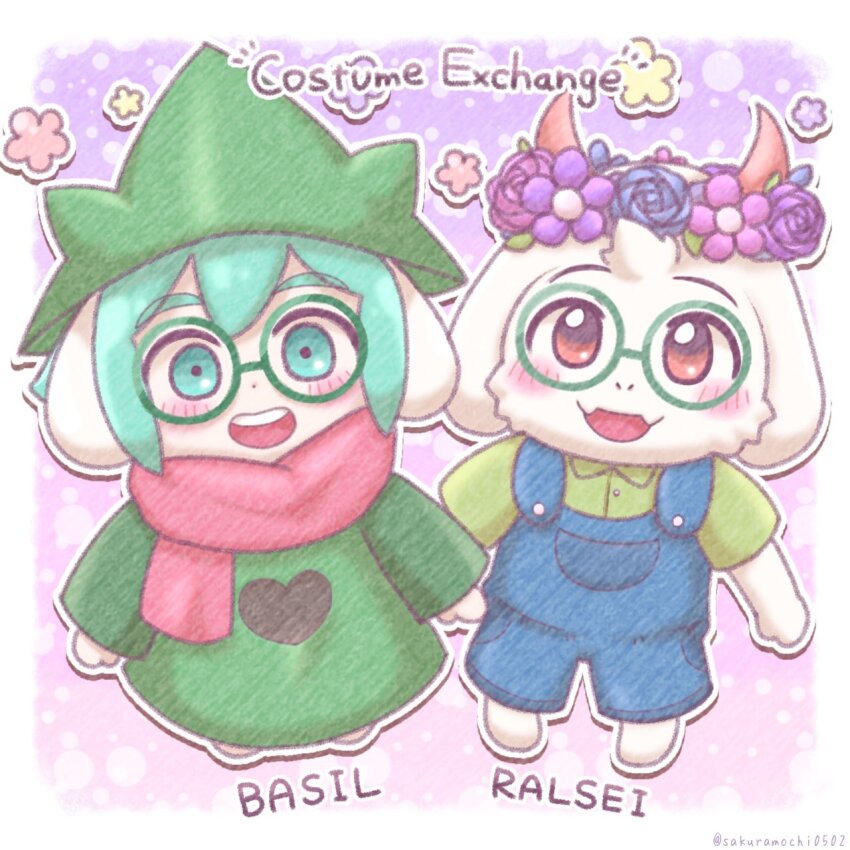 2boys, animal_ears, basil_(headspace)_(omori), basil_(headspace)_(omori)_(cosplay), basil_(omori), blue_overalls, blush, character_name