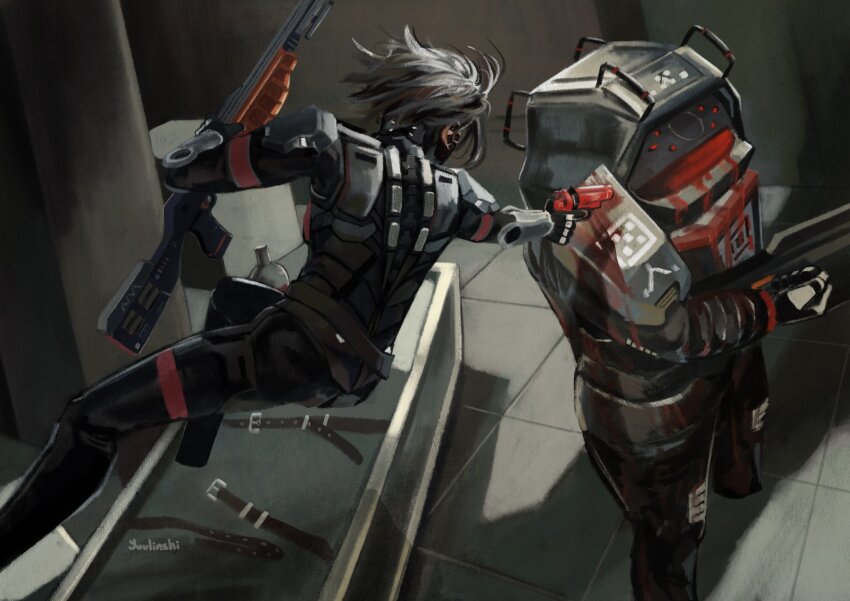 2girls, android, belt, black_hair, blood, corrupted_mynah_(signalis), dual_wielding, dynamic_pose, elster_(signalis), from_above, gun, highres, holding, holding_gun, holding_weapon, indoors, jumping, metal_skin, midair, multiple_girls, short_hair, signalis, tile_floor, tiles, unworn_belt, weapon, yuulinshi