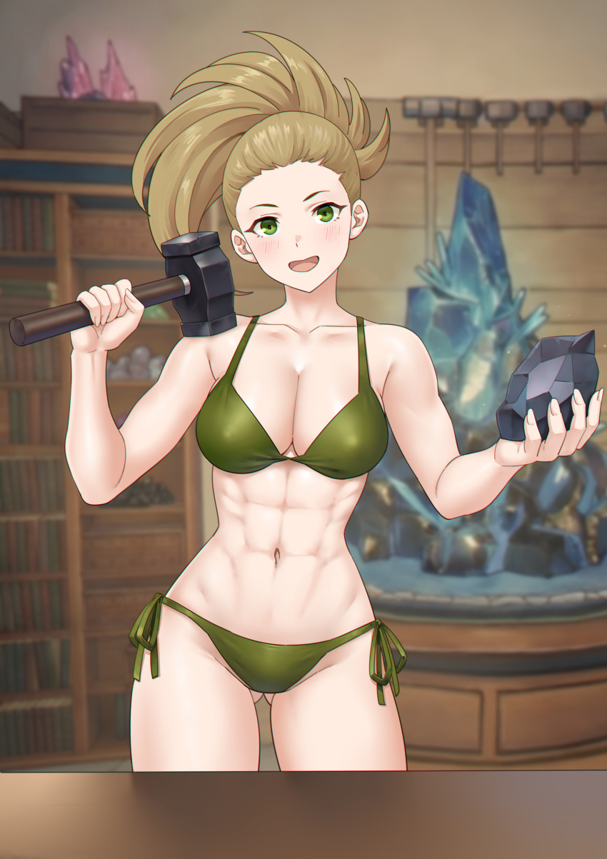 1girl, :d, abs, absurdres, alternate_costume, armpit_crease, bare_shoulders, bikini, blacksmith, blonde_hair, bookshelf, breasts, calney_(fire_emblem), cleavage, collarbone, commission, commissioner_upload, fire_emblem, fire_emblem_engage, gluteal_fold, green_bikini, green_eyes, hammer, hands_up, high_ponytail, highres, holding, holding_hammer, indoors, large_breasts, looking_at_viewer, nintendo, non-web_source, open_mouth, ponytail, redkite333, rock, side-tie_bikini_bottom, smile, smithing, swimsuit, thighs, toned, toned_female