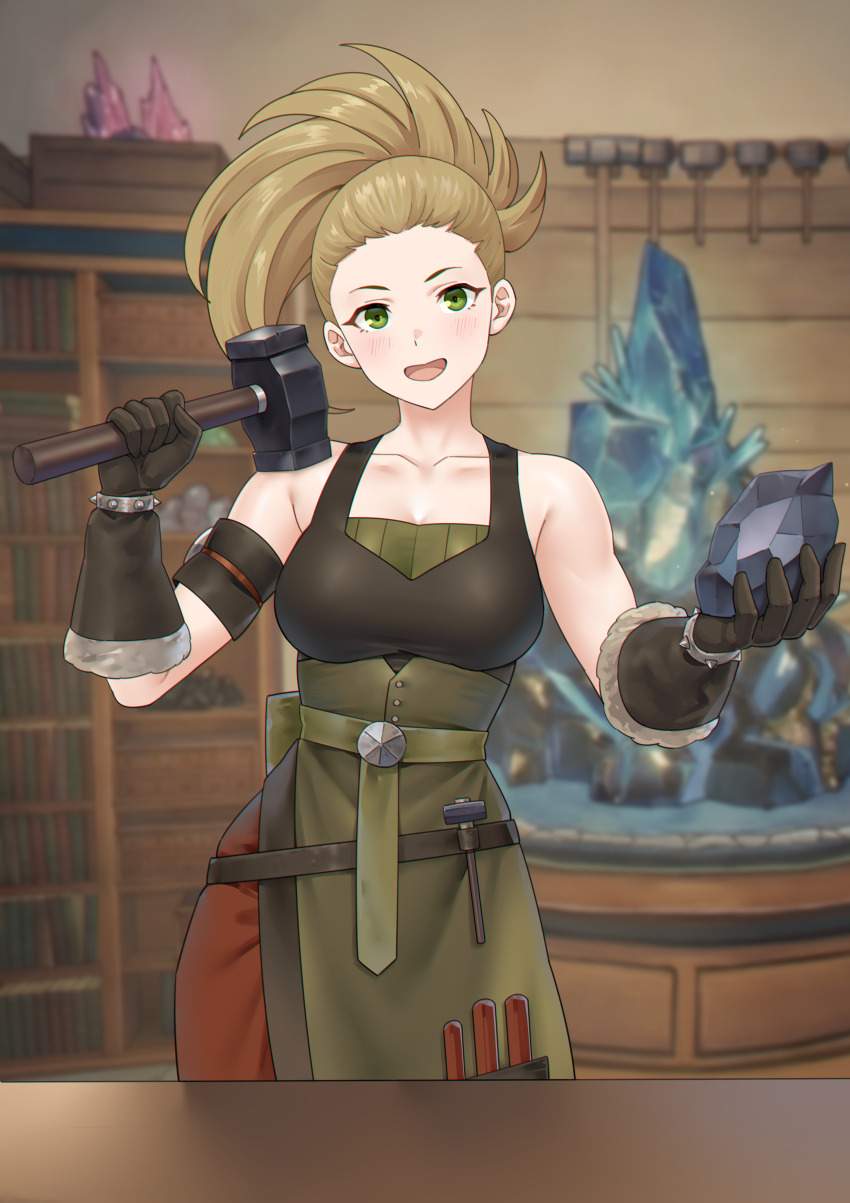 1girl, :d, absurdres, armpit_crease, bare_shoulders, blacksmith, blonde_hair, bookshelf, breasts, calney_(fire_emblem), cleavage, collarbone, commission, commissioner_upload, fire_emblem, fire_emblem_engage, green_eyes, hammer, hands_up, high_ponytail, highres, holding, holding_hammer, indoors, large_breasts, looking_at_viewer, nintendo, non-web_source, open_mouth, ponytail, redkite333, rock, smile, smithing, toned, toned_female