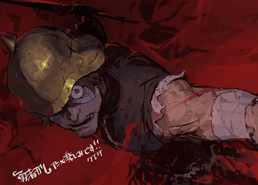 1boy, bandages, commentary_request, crazy_eyes, gold_helmet, helmet, holding, holding_sword