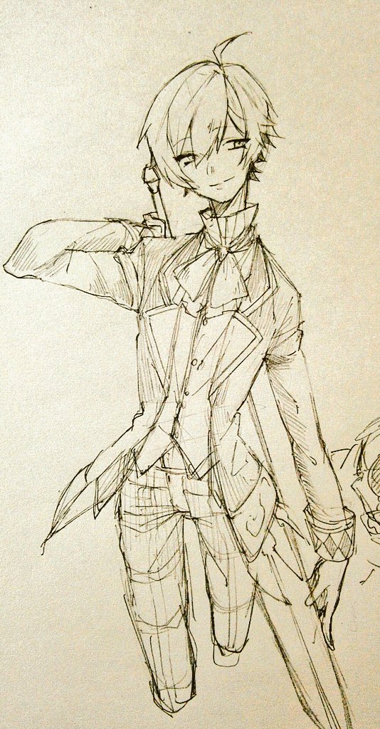 1boy, ahoge, buttons, closed_mouth, grimms_notes, hair_between_eyes, holding, holding_sword