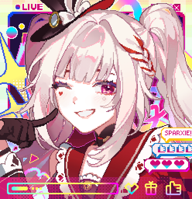 1girl, ;), black_gloves, black_hat, bow, braid, closed_mouth, clothing_cutout, commentary, diamond_(shape), diamond_facial_mark, english_commentary, english_text, eyeliner, facial_mark, gloves, hat, heart, heart_facial_mark, honkai:_star_rail, honkai_(series), index_finger_raised, makeup, multicolored_hair, one_eye_closed, pelly.k, pink_eyes, pixel_art, pixel_heart, pixel_text, red_eyeliner, red_hair, shoulder_cutout, sidelocks, single_braid, single_hair_intake, smile, solo, sparkle_(honkai:_star_rail), sparxie_(honkai:_star_rail), spoken_heart, spoken_thumbs_up, star_(symbol), streaked_hair, teeth, top_hat, twintails, white_bow, white_hair