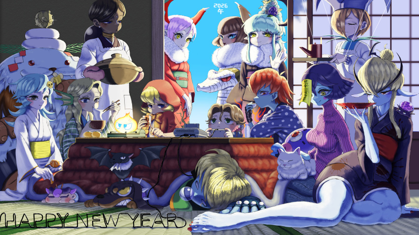 1boy, 2026, 6+girls, :<, absurdres, alternate_costume, anakaris, animalization, anita_(darkstalkers), apron, aqua_eyes, aqua_hair, b.b._hood, bishamon_(darkstalkers), black_gloves, black_kimono, blonde_hair, blood, blood_splatter, blue_eyes, blue_skin, blush, bowl, brown_hair, capelet, choko_(cup), chopsticks, closed_eyes, colored_skin, commentary, controller, cooking_pot, cup, dark_skin, darkstalkers, demitri_maximoff, doll_joints, donovan_baine, drink_carton, drinking_straw, drinking_straw_in_mouth, eating, english_text, felicia_(darkstalkers), fingerless_gloves, fins, fire, flower, food, forehead_jewel, fruit, furisode, game_console, game_controller, genderswap, genderswap_(mtf), gloves, green_eyes, green_hair, green_haori, hair_bun, hair_flower, hair_ornament, hair_up, haori, happy_new_year, hat, head_fins, head_wings, highres, holding, holding_bowl, holding_chopsticks, holding_controller, holding_cooking_pot, holding_cup, holding_food, holding_fruit, holding_game_controller, holding_tray, hood, hood_up, hsien-ko, huitzil_(darkstalkers), japanese_clothes, jedah_dohma, jewelry, joints, jon_talbain, kappougi, kimono, kotatsu, le_malta, leaf_in_hair, lilith_(darkstalkers), long_hair, lord_raptor, lying, mandarin_orange, marionette_(darkstalkers), medium_hair, midnight_bliss, mochi, mochi_trail, morrigan_aensland, multiple_girls, neck_ring, new_year, nojob_hiro, nose_bubble, obi, obidome, obijime, ofuda, ofuda_on_head, on_side, one_eye_closed, orange_(fruit), orange_hair, orange_slice, oven_mitts, pale_skin, parted_lips, pink_hair, pink_sweater, plaid_haori, pointy_ears, polka_dot, polka_dot_shirt, portable_stove, print_kimono, puppet_strings, purple_hair, q-bee, red_capelet, red_eyes, red_kimono, red_nails, ribbed_sweater, rikuo_(darkstalkers), ringed_eyes, sakazuki, sash, sasquatch_(darkstalkers), sharp_teeth, shirt, short_hair, shouji, single_hair_bun, sitting, skull_hair_ornament, sleeping, sliding_doors, slit_pupils, smile, studded_gloves, sweater, table, tatami, teapot, teeth, tokkuri, tray, turtleneck, turtleneck_sweater, under_kotatsu, under_table, victor_von_gerdenheim, waving, white_eyes, white_hat, white_kimono, wings, wooden_bowl, yellow_eyes