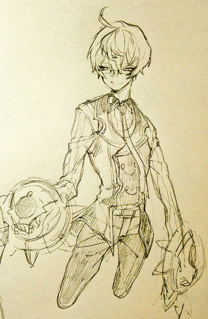 1boy, ahoge, belt, belt_buckle, buckle, commentary_request, cowboy_shot, glasses