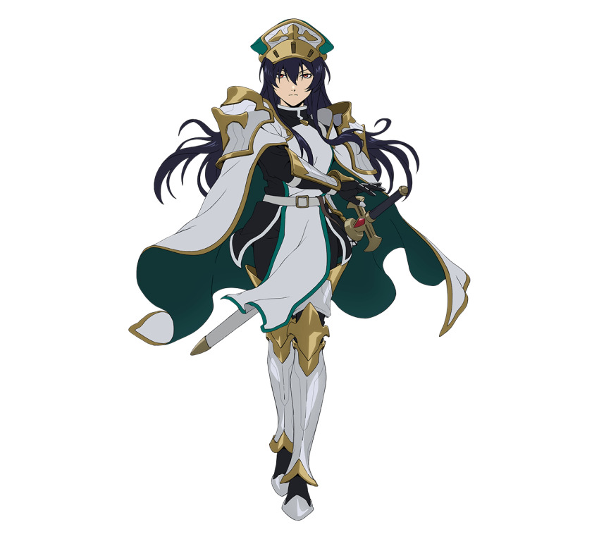 1girl, arm_armor, armor, artist_request, cloak, closed_mouth, full_body, gloves, highres, kivia_patausche, knight, large_hat, leg_armor, long_hair, looking_at_viewer, official_art, pauldrons, pelvic_curtain, purple_hair, red_eyes, scabbard, sheath, shoulder_armor, solo, standing, sword, transparent_background, unsheathing, weapon, white_armor, white_cloak, yuushakei_ni_shosu