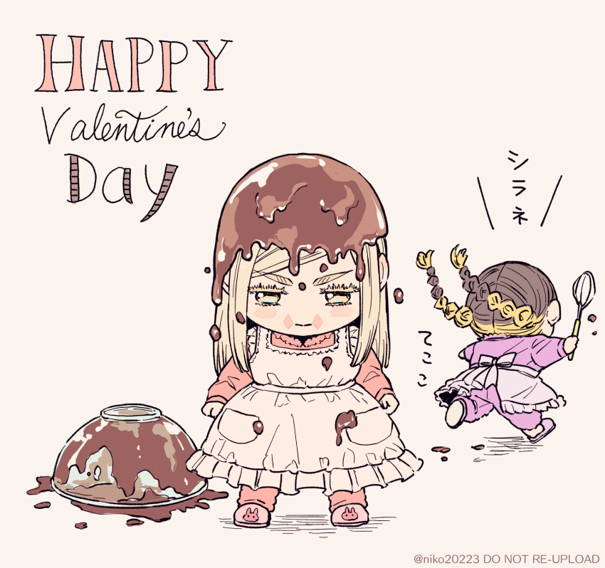 2boys, aged_down, apron, blonde_hair, brown_hair, child, chocolate, chocolate_making