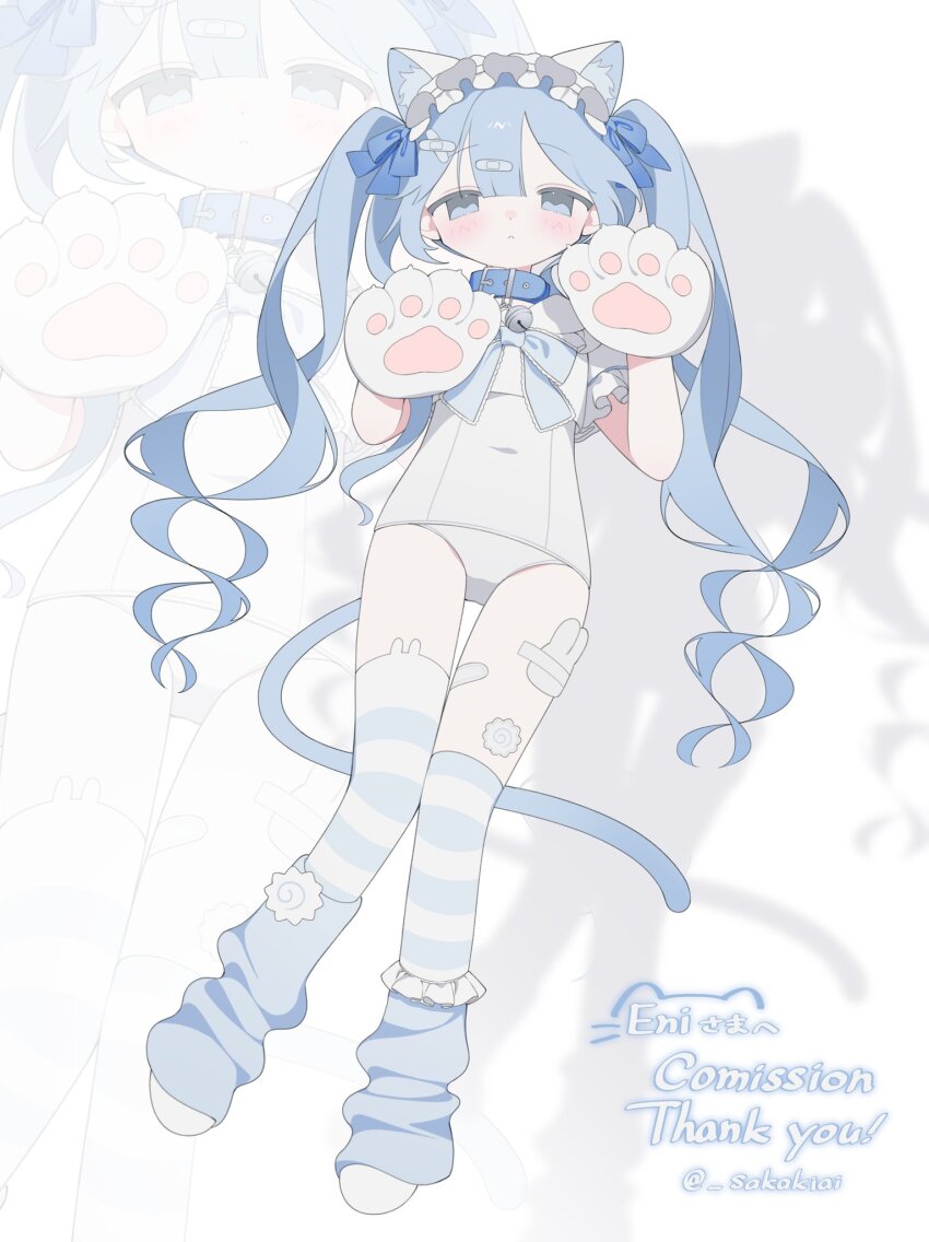 1girl, animal_collar, animal_ears, animal_hands, bandaid, bandaid_on_leg, bell, blue_eyes