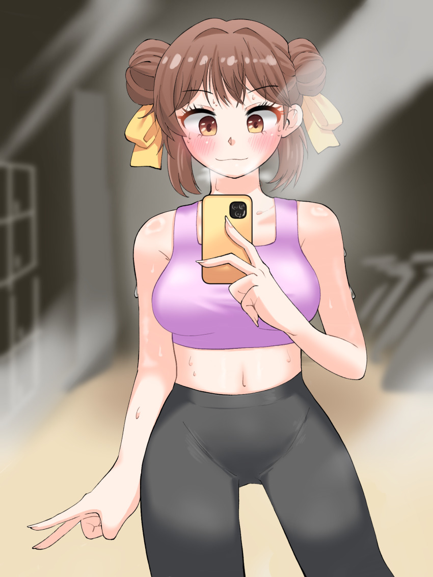 black_pants, blurry, blurry_background, brown_eyes, brown_hair, crop_top, double_bun, hair_bun