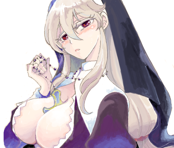 1girl, between_breasts, blonde_hair, blush, breasts, center_opening, cleavage, covered_erect_nipples, cross, cross_necklace, eyebrows, female_focus, habit, hair_between_eyes, hair_ornament, hair_tie, head_tilt, jewelry, juliet_sleeves, kazu_tanuki, large_breasts, long_hair, long_sleeves, looking_at_viewer, low_twintails, necklace, no_bra, nun, nun_headdress, open_mouth, original, puffy_sleeves, red_eyes, solo, twintails, upper_body