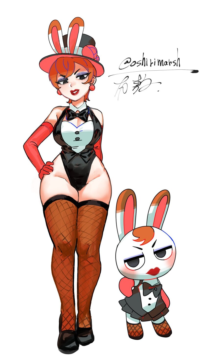 1girl, absurdres, animal_crossing, animal_ears, arm_behind_back, black_bow, black_bowtie, black_eyes