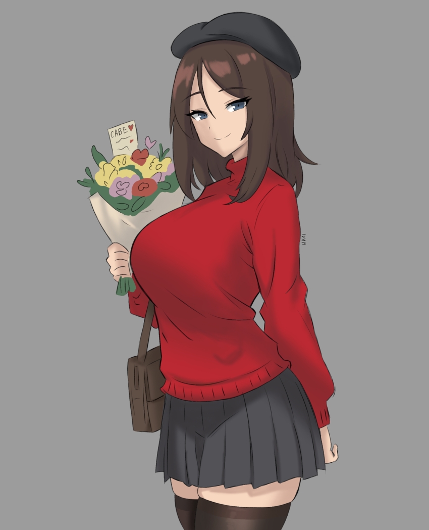 1girl, absurdres, black_thighhighs, blue_eyes, breasts, brown_hair, girls_und_panzer, highres