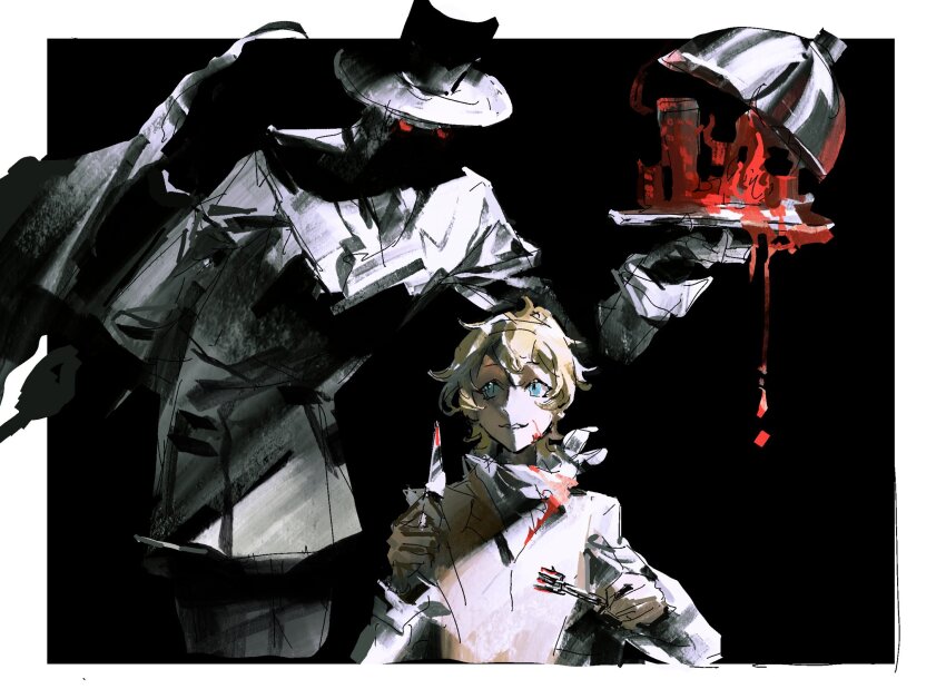 1boy, 1other, arms_behind_back, black_hat, black_wings, blonde_hair, blood, blood_on_clothes