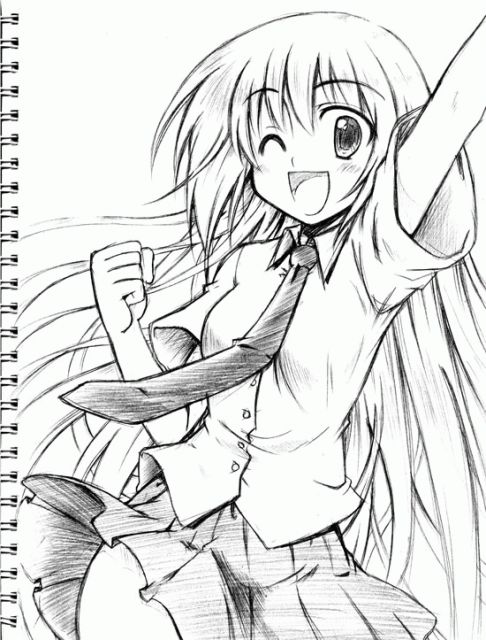 00s, 1girl, female_focus, graphite_(medium), greyscale, kate_(sketchbook_full_colors), monochrome, one_eye_closed