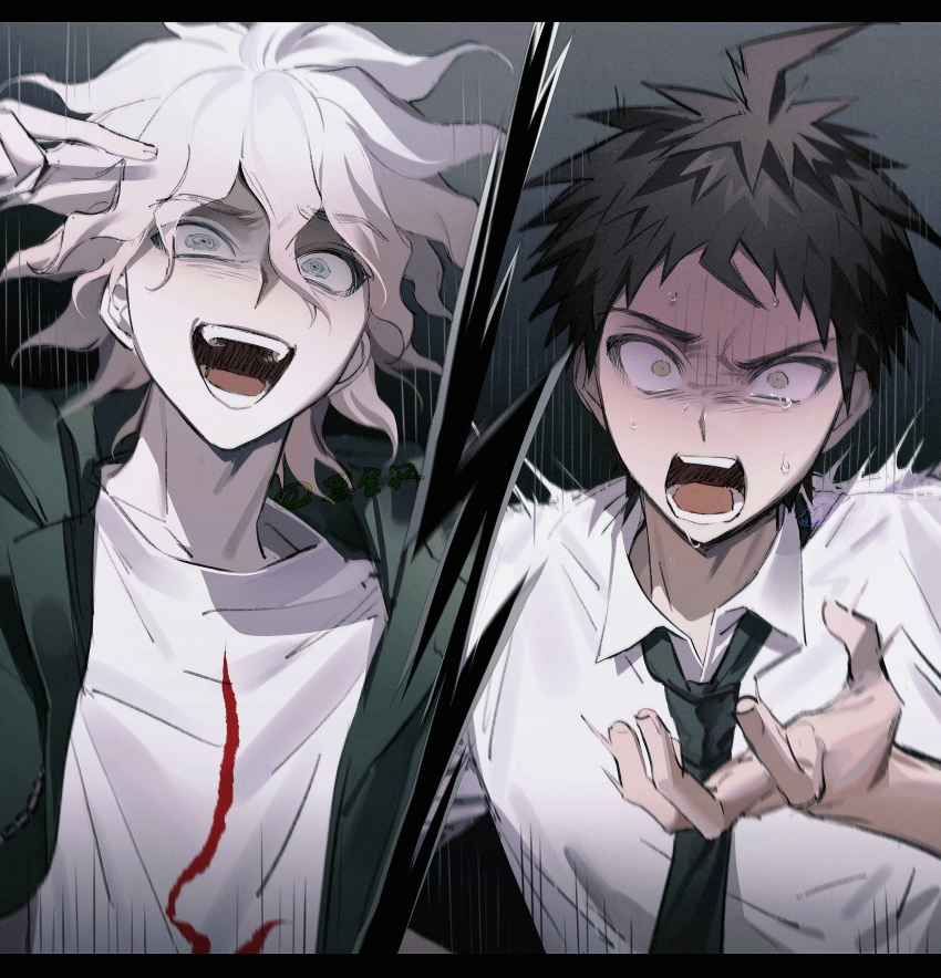 2boys, ahoge, black_hair, black_necktie, coat, collared_shirt, crazy_eyes, danganronpa_(series)