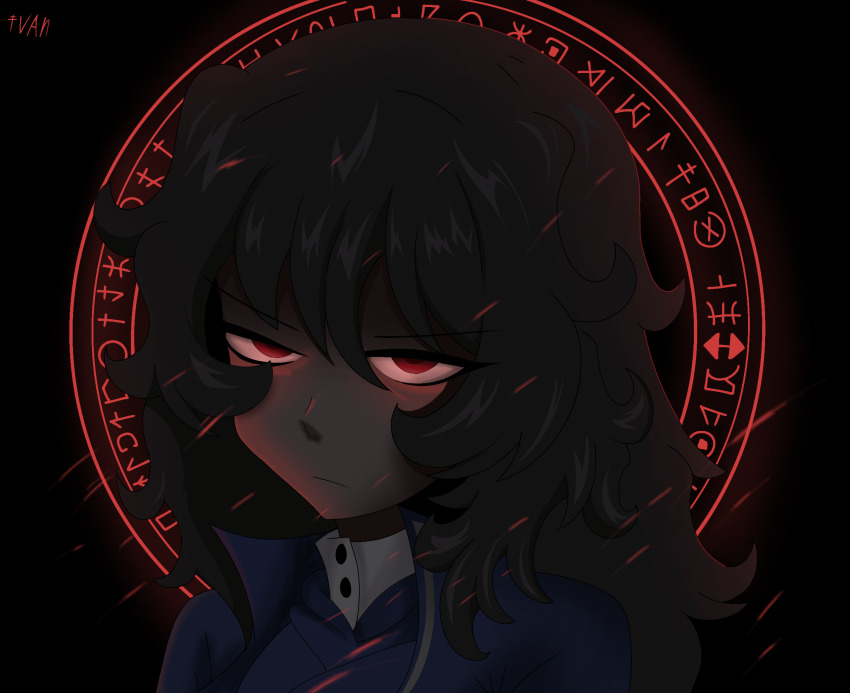 1girl, andou_(girls_und_panzer), bc_freedom_military_uniform, blue_vest, commentary, dark-skinned_female, dark_skin, evil_eyes