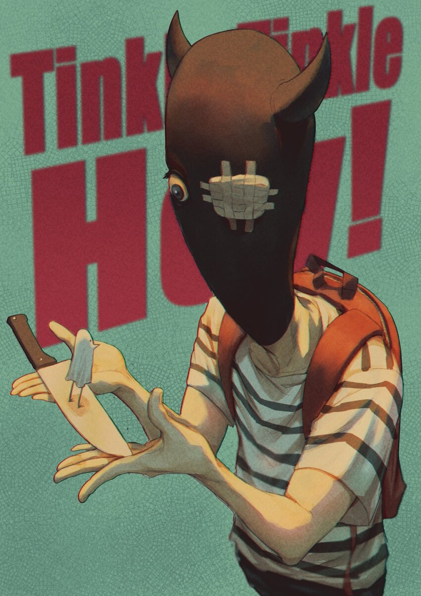 !, 1boy, angusbeef30, backpack, bag, bandage_over_one_eye, black_eyes, black_pants