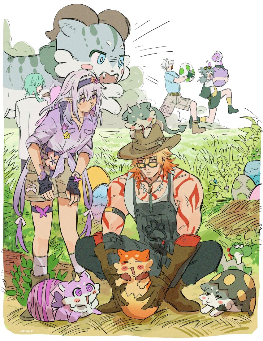 2girls, 3boys, absurdres, alternate_costume, anaxa_(chimerric_park)_(honkai:_star_rail), anaxa_(honkai:_star_rail), black_boots, black_overalls, black_skirt, black_vest, blue_shirt, boots, braid, breasts, brown_boots, brown_gloves, brown_hat, brown_shorts, c4l1k0c4t, castorice_(butterfly_cake)_(honkai:_star_rail), castorice_(honkai:_star_rail), chimera_(honkai:_star_rail), cleavage, clipboard, coat, commentary, dromas_(honkai:_star_rail), egg, english_commentary, eyewear_on_head, fingerless_gloves, full_body, gloves, grass, grey_hair, hairband, hat, highres, holding, holding_clipboard, holding_egg, honkai:_star_rail, honkai_(series), jewelry, lab_coat, leaning_forward, long_hair, mario_(series), multiple_boys, multiple_girls, mydei_(chimerric_park)_(honkai:_star_rail), mydei_(fig_stew)_(honkai:_star_rail), mydei_(honkai:_star_rail), necklace, necktie, nintendo, orange_hair, outdoors, overalls, phainon_(honkai:_star_rail), phainon_(vigethos)_(honkai:_star_rail), pointy_ears, purple_eyes, purple_hair, purple_hairband, purple_shirt, red_tattoo, running, shirt, short_hair, shorts, side_braid, skirt, socks, squatting, standing, stelle_(chimerric_park)_(honkai:_star_rail), stelle_(honkai:_star_rail), sunglasses, tank_top, tinted_eyewear, tooth_necklace, trailblazer_(honkai:_star_rail), very_long_hair, vest, white_coat, white_tank_top, yellow-tinted_eyewear, yellow_necktie, yellow_socks, yoshi