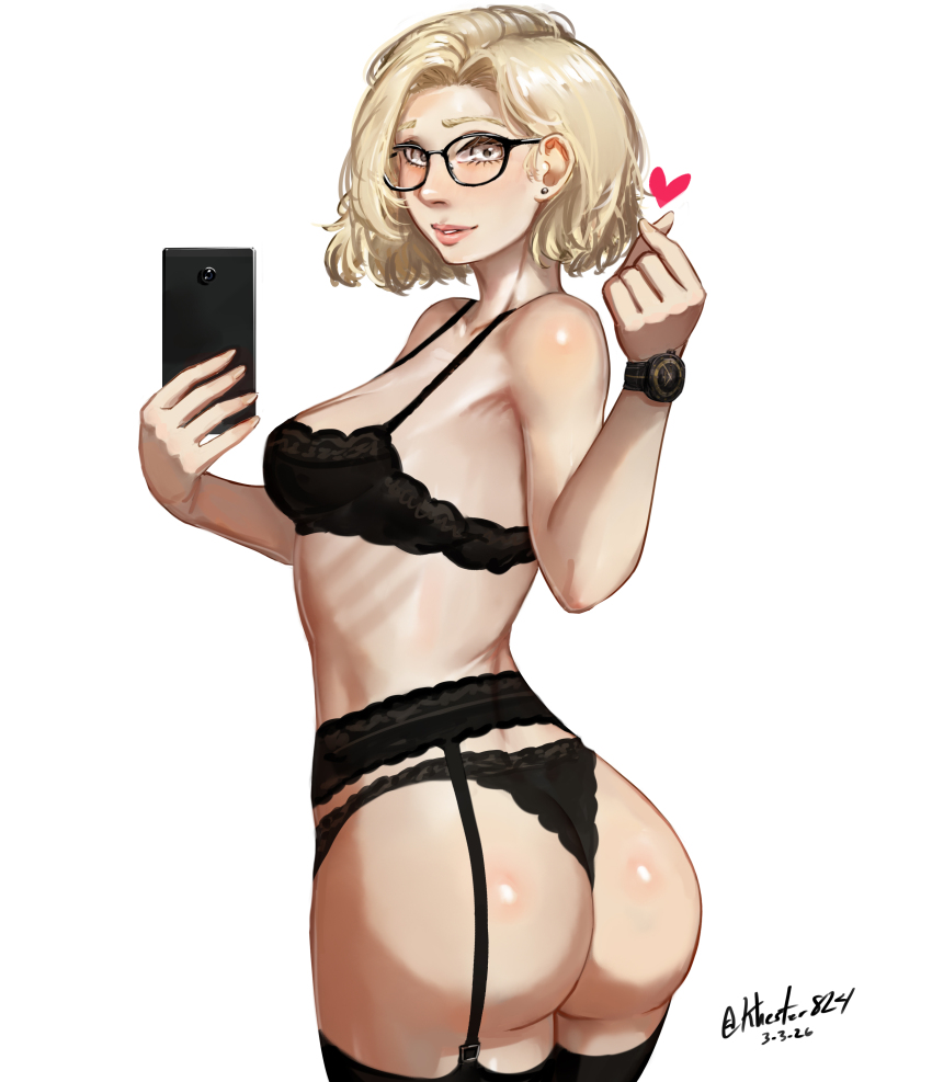 1girl, absurdres, ass, black_bra, black_panties, black_thighhighs, blonde_hair, bra