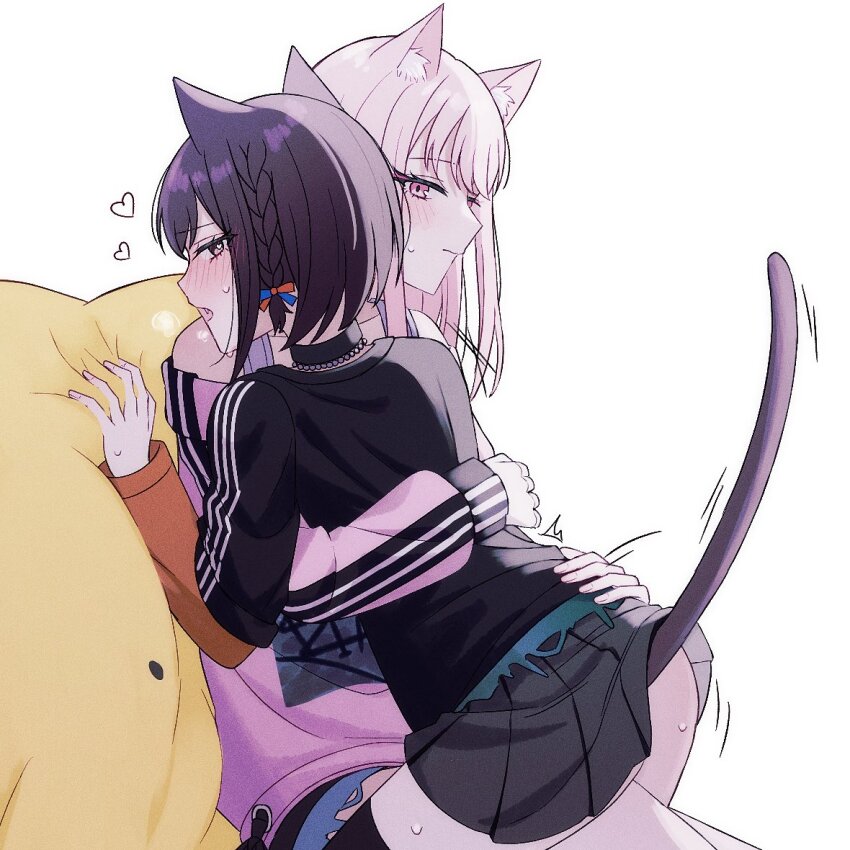 1girl, 1other, akiyama_mizuki, animal_ears, black_choker, blush, bokutachi_no_seizon_tousou_(project_sekai), braid, brown_eyes, brown_hair, cat_ears, cat_girl, cat_tail, choker, closed_mouth, commentary, fang, fingernails, grey_skirt, hair_down, hands_on_another's_back, heart, kemonomimi_mode, long_hair, long_sleeves, mutu_(25love), official_alternate_costume, official_alternate_hairstyle, open_mouth, other_with_female, pink_eyes, pink_hair, project_sekai, shinonome_ena, short_hair, simple_background, single_braid, skirt, sweat, tail, untranslatable_commentary, white_background