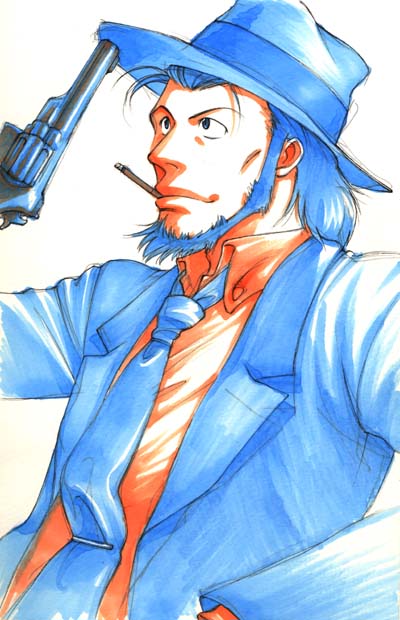 1boy, alternate_hair_color, black_eyes, blue_jacket, blue_necktie, cigarette, closed_mouth, commentary_request, facial_hair, fedora, goatee, gun, handgun, hat, holding, holding_gun, holding_weapon, jacket, jigen_daisuke, lupin_iii, lupin_iii_part_3, male_focus, marker_(medium), mouth_hold, necktie, open_clothes, open_jacket, orange_hat, orange_shirt, shirt, short_hair, sideburns, sideburns_stubble, simple_background, smile, smith_&amp;_wesson_model_19, solo, stubble, suzukake_shuuji, traditional_media, weapon, white_background