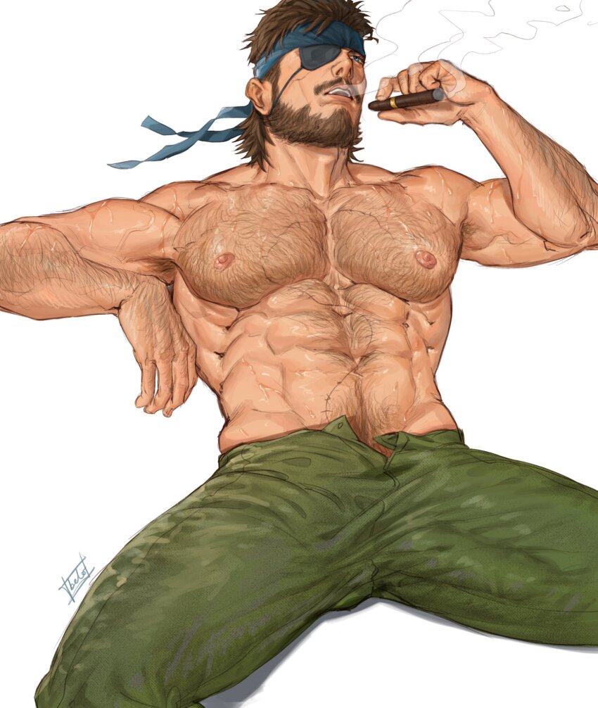 1boy, abs, arm_hair, bara, beard, belobutcooler, big_boss, blue_eyes, blue_headband, chest_hair, cigar, commentary, english_commentary, eyepatch, facial_hair, hand_hair, headband, highres, holding, holding_cigar, large_pectorals, male_focus, mature_male, metal_gear_(series), metal_gear_solid_3:_snake_eater, muscular, muscular_male, mustache, naked_snake, navel, navel_hair, nipples, pectorals, scar, signature, simple_background, smoking, sweat, topless_male, veins