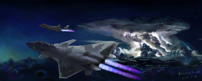 absurdres, afterburner, aircraft, airplane, canards, cloud, cloudy_sky, commentary_request