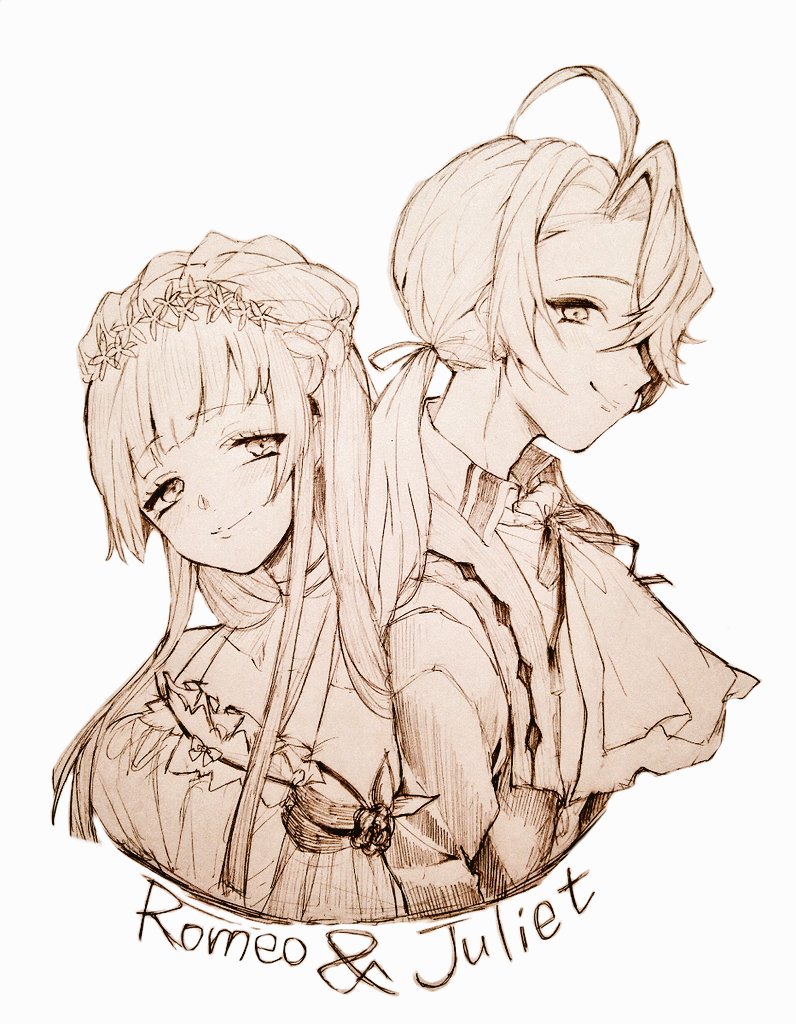 1boy, 1girl, ahoge, ascot, blunt_bangs, breasts, character_name, closed_mouth