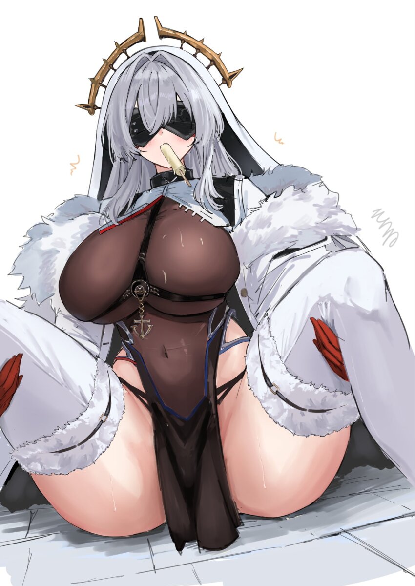 1girl, azur_lane, blindfold, breasts, commentary_request, covered_navel, food, food_in_mouth