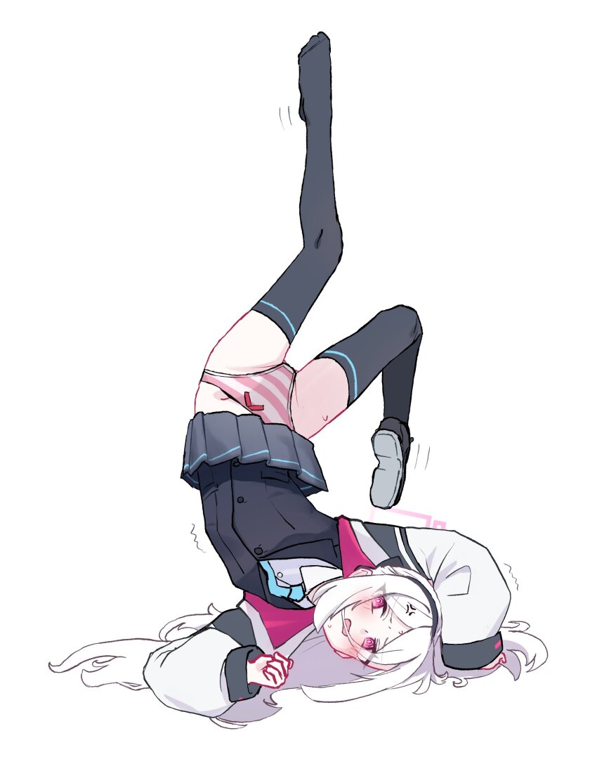 1girl, black_hairband, black_skirt, black_thighhighs, blue_archive, blue_necktie, blush, bow, bow_panties, caffeinesonsari, commentary, english_commentary, full_body, hairband, halo, highres, jacket, kei_(blue_archive), kei_(new_body)_(blue_archive), long_hair, long_sleeves, multicolored_jacket, necktie, open_mouth, panties, pink_eyes, pink_halo, pink_panties, pleated_skirt, rectangular_halo, ringed_eyes, shirt, shoes, simple_background, single_shoe, skirt, solo, striped_clothes, striped_panties, sweat, thighhighs, two-tone_jacket, underwear, upside-down, white_background, white_hair, white_jacket, white_shirt