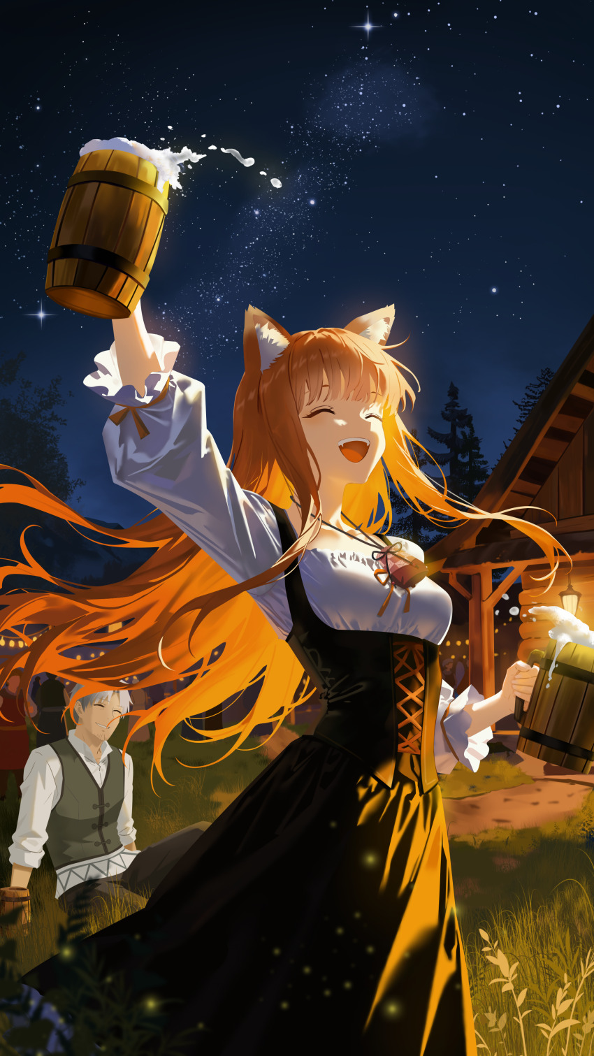 1boy, 1girl, absurdres, animal_ear_fluff, animal_ears, backlighting, beer_mug, black_corset