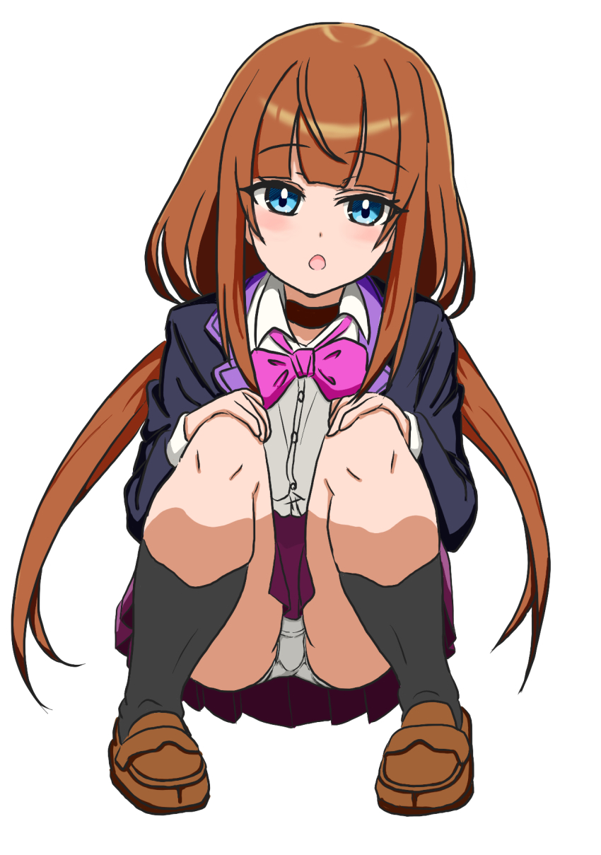 1girl, alternate_costume, black_jacket, black_socks, blazer, blue_eyes, blunt_bangs, blush, bow, bowtie, brown_choker, brown_hair, brown_shoes, choker, collared_shirt, commentary, commentary_request, crotch_seam, dot_nose, dress_shirt, english_commentary, full_body, hands_on_own_knees, highres, jacket, lapels, loafers, long_hair, long_sleeves, looking_at_viewer, low_twintails, miniskirt, mixed-language_commentary, nijisanji, notched_lapels, open_clothes, open_jacket, open_mouth, panties, pantyshot, pink_bow, pink_bowtie, pleated_skirt, red_skirt, school_uniform, shirt, shoes, simple_background, skirt, socks, solo, spread_legs, squatting, straight-on, twintails, underwear, very_long_hair, virtual_youtuber, white_background, white_panties, white_shirt, wing_collar, winter_uniform, yaturugi_nennji, yokaze_yui