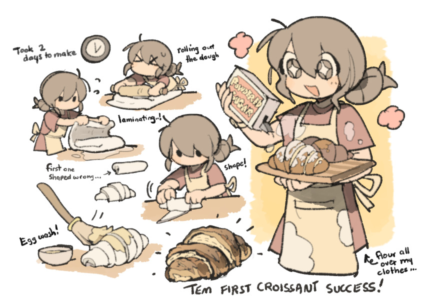 >_<, +_+, 1girl, analog_clock, apron, arrow_(symbol), artist_self-insert, baking, box, brown_eyes, brown_hair, clock, closed_eyes, commentary, croissant, dough, egg_wash, english_commentary, english_text, flour, flying_sweatdrops, food, food_on_clothes, hair_bun, highres, holding, holding_box, holding_rolling_pin, holding_tray, multiple_views, no_mouth, original, powdered_sugar, red_shirt, rolling_dough, rolling_pin, shirt, short_sleeves, single_hair_bun, solid_oval_eyes, sweatdrop, temmie_chang, temmie_chang_(character), tray, yellow_apron