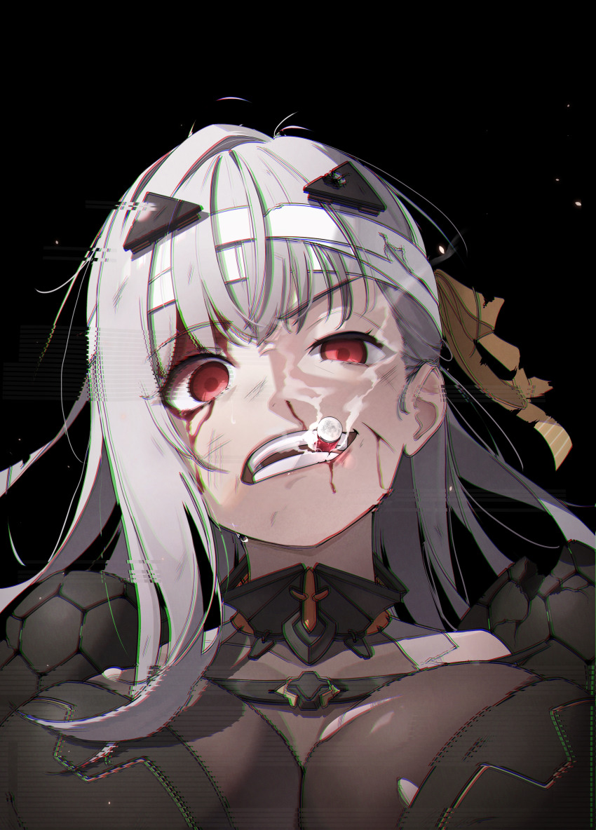 1girl, absurdres, bandaged_head, bandages, blood, blood_on_face, breasts, bullet