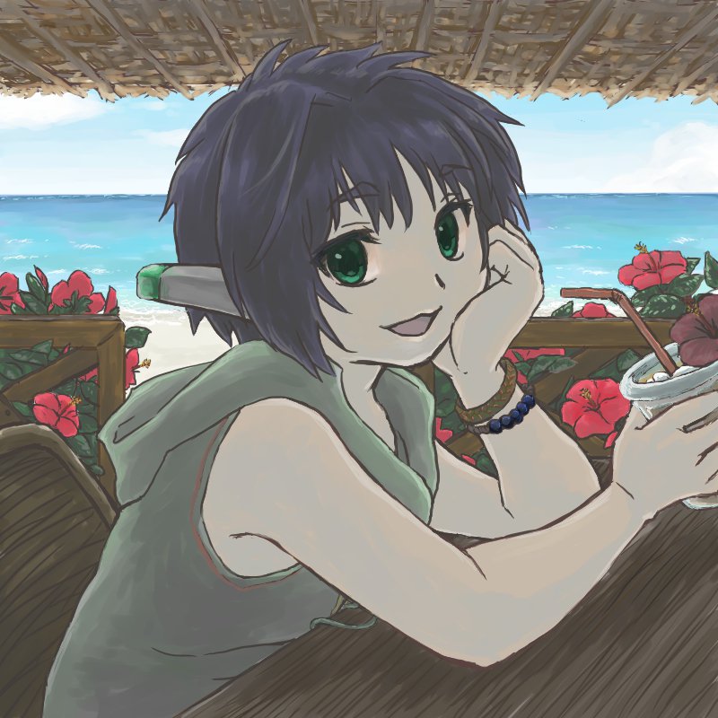 1boy, blue_hair, chickenkue, cloud, commentary_request, flower, green_eyes, holding