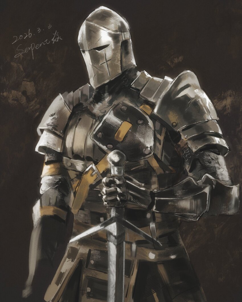 1other, 3583367063_xd, armor, artist_name, black_background, breastplate, commentary_request, cowboy_shot, dated, faulds, for_honor, gauntlets, helm, helmet, highres, holding, holding_sword, holding_weapon, knight, pauldrons, reverse_grip, shoulder_armor, solo, standing, sword, warden_(for_honor), weapon