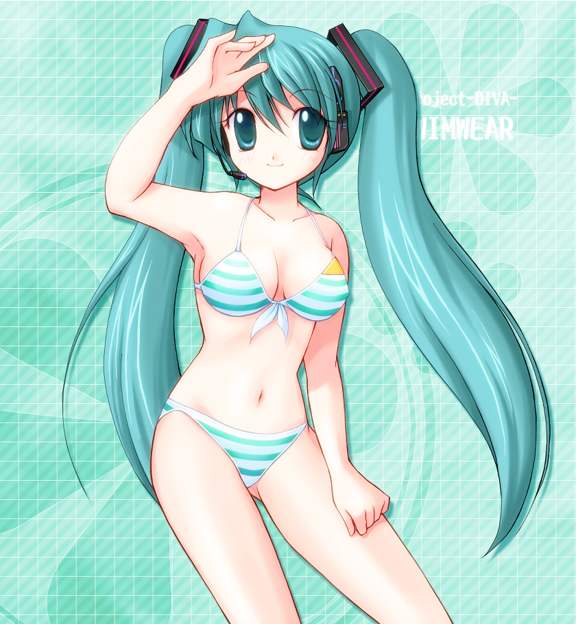 1girl, aoya_(hoshixii), aqua_eyes, aqua_hair, arm_up, armpits, bad_id, bad_pixiv_id, bikini, breasts, cleavage, female_focus, front-tie_top, hair_between_eyes, hatsune_miku, hatsune_miku_(swimwear), headset, long_hair, navel, smile, solo, striped_bikini, striped_clothes, swimsuit, twintails, very_long_hair, vocaloid