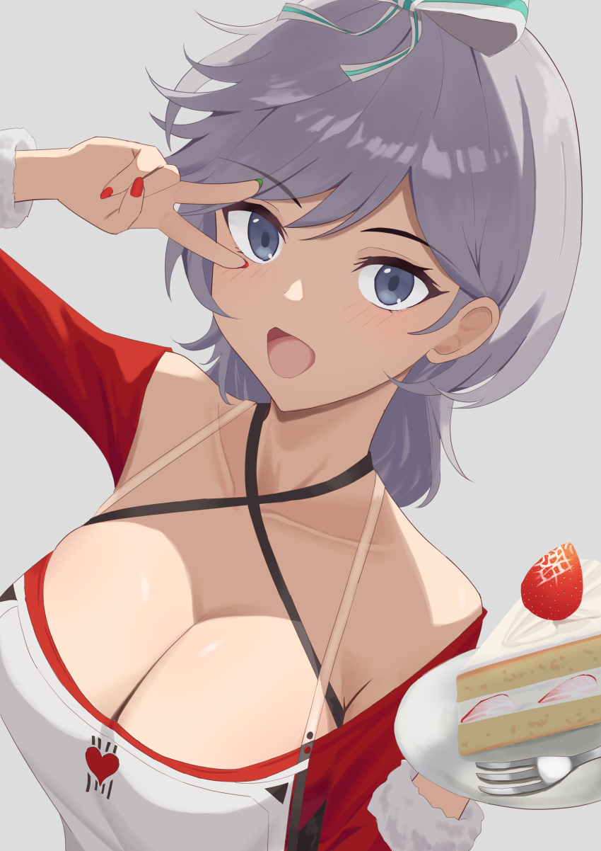 1girl, absurdres, azur_lane, breasts, cake, cake_slice, cleavage, collarbone