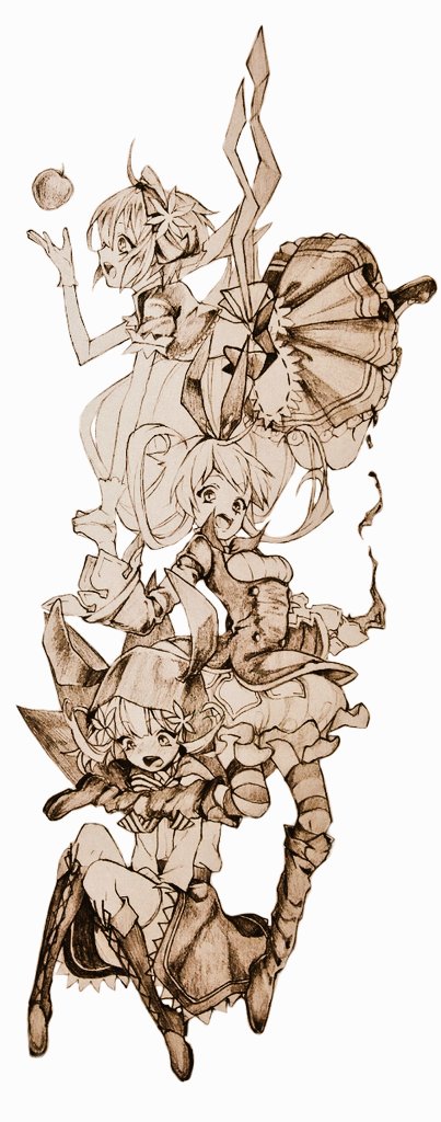 3girls, alice_(grimms_notes), alice_(original)_(grimms_notes), boots, bubble_skirt, buttons, commentary_request, floating_hair