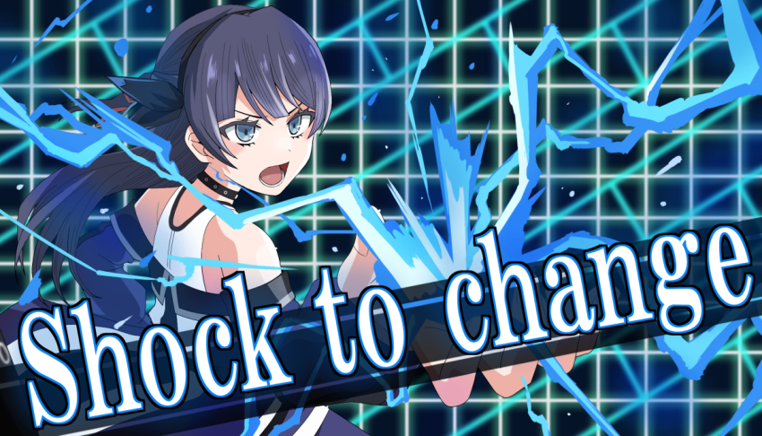 1girl, ampere_(love_live!), attack, azure_striker_gunvolt, azure_striker_gunvolt_1, bare_shoulders, black_choker, blue_coat