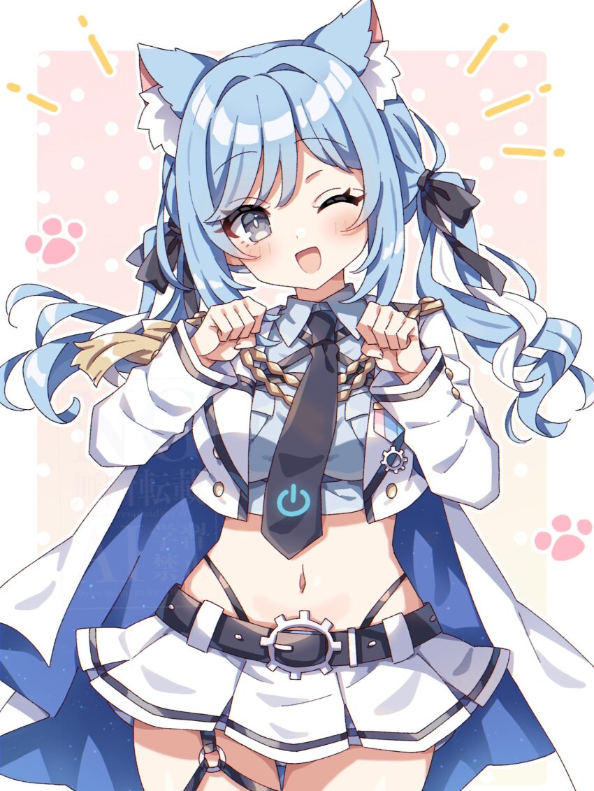 1girl, ;d, animal_ear_fluff, animal_ears, black_bow, black_necktie, blue_hair, blush