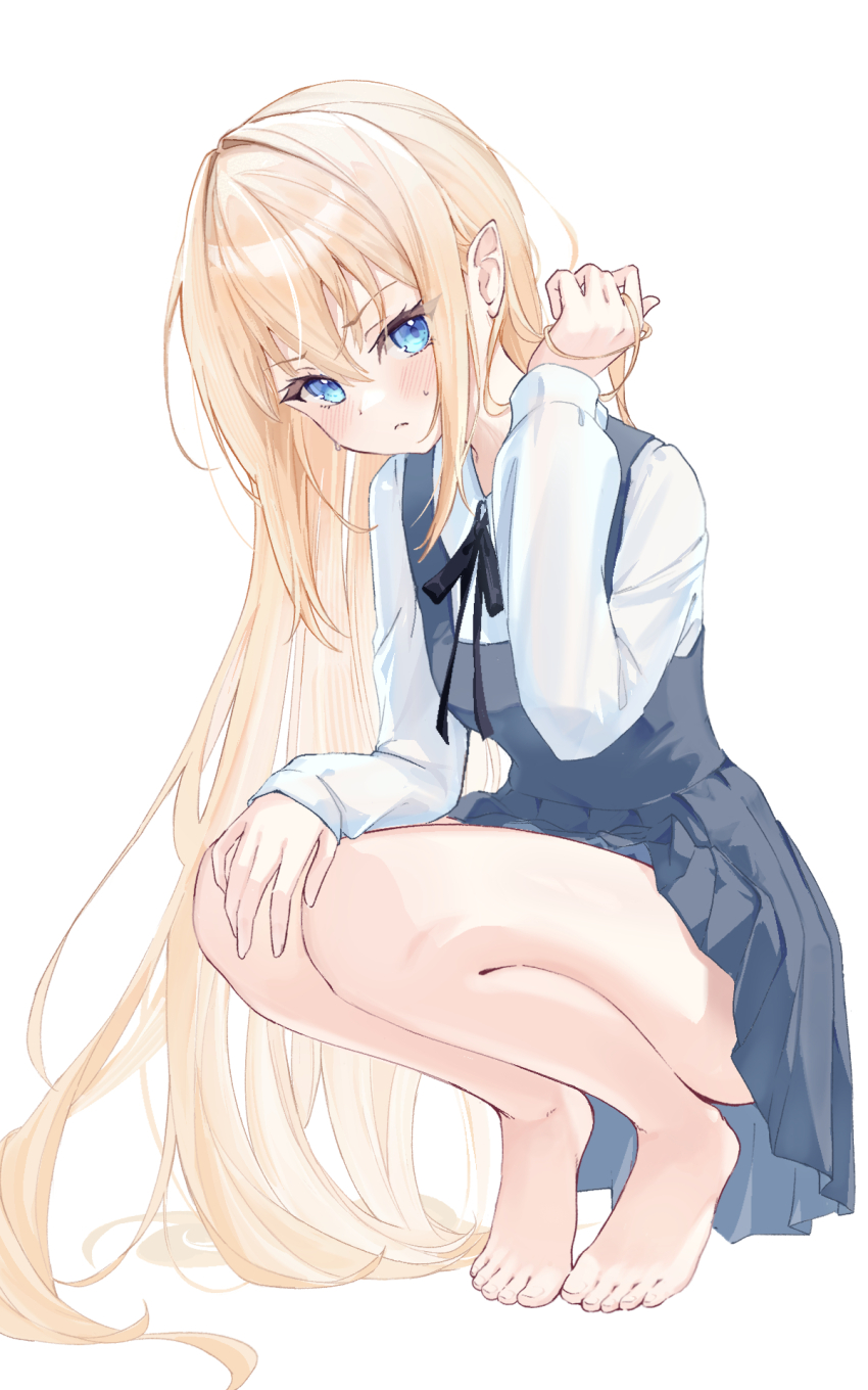 1girl, bare_legs, barefoot, black_ribbon, blonde_hair, blue_dress, blue_eyes, commentary_request